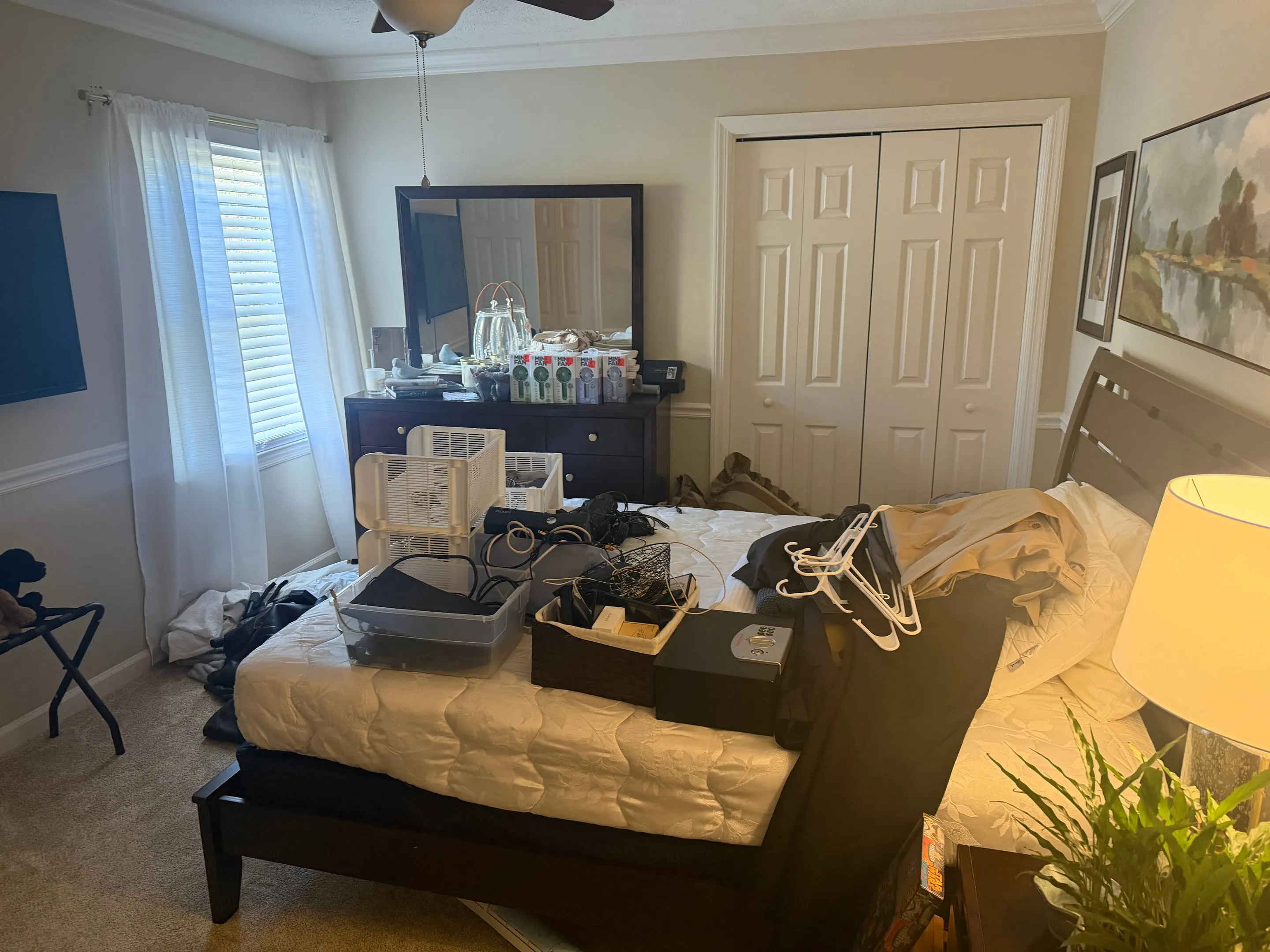 Carpeted bedroom with a window and double closet doors.