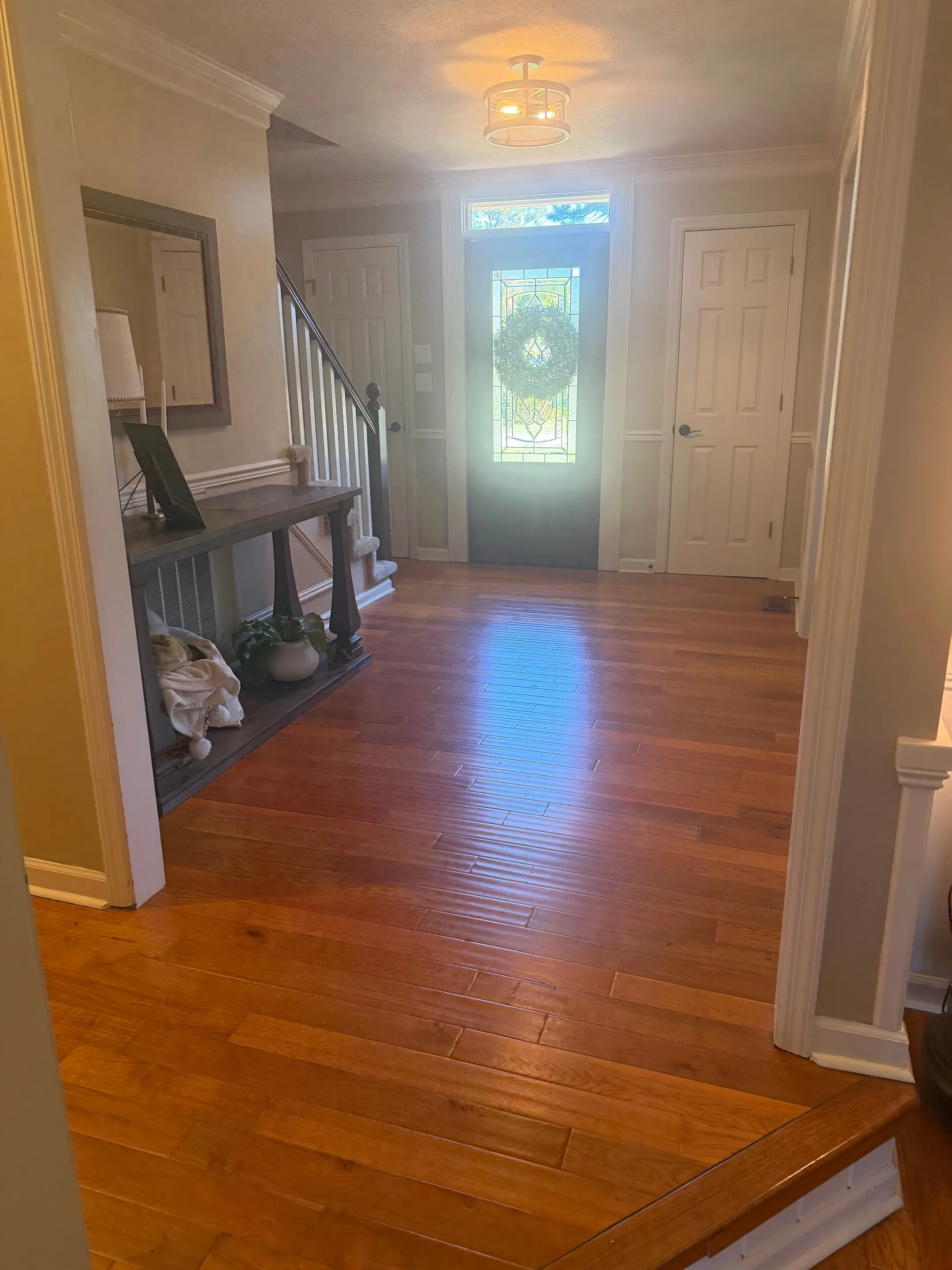 Foyer with hardwood floors, a console table, and a glass-paneled front door.